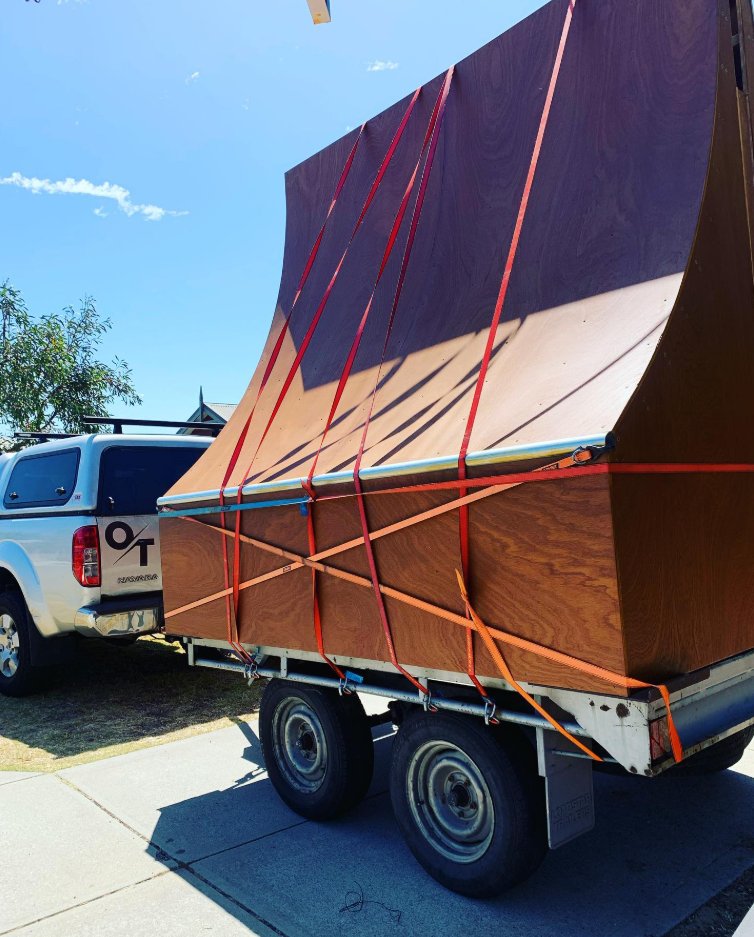 Skate ramp loaded for delivery on a trailer